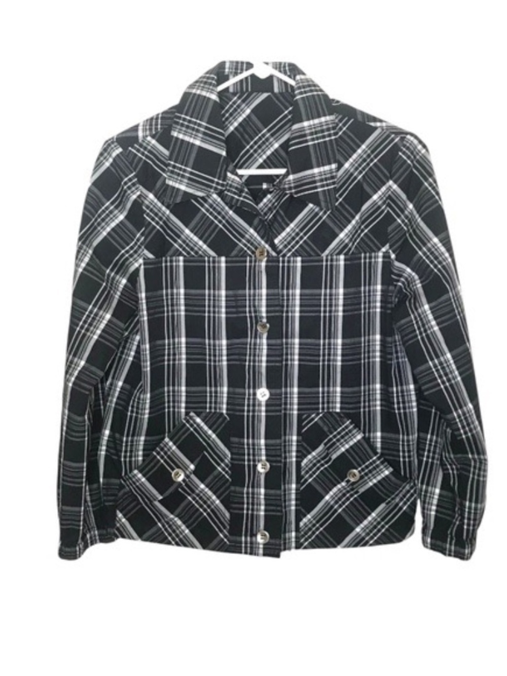 Black White Plaid Shacket Jacket w/ Shoulder Pads Y2K Grunge Button Up
